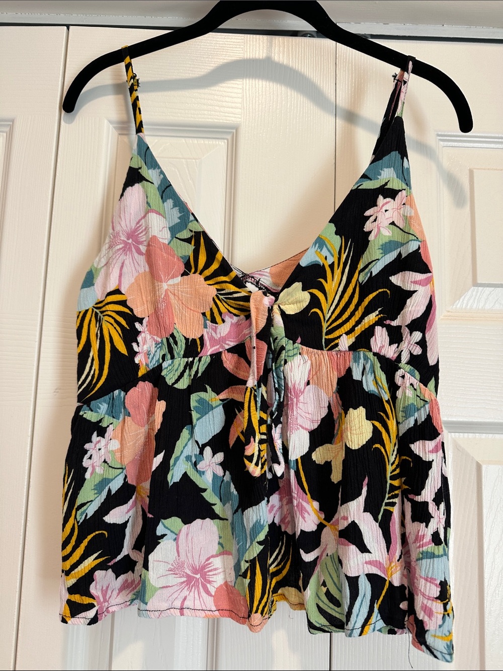 Hurley Black Floral Tie-Front Tank Top with Pink & Peach Blooms